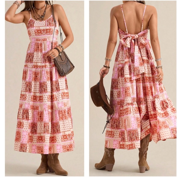 Boho Paisley Patchwork Print Tie back Ruffle Hem Dress - Picture 2 of 4